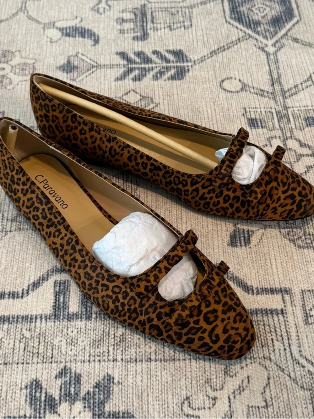 New C.Paravano Leopard Ballet Flats Bowknot Round Toe Faux Suede Size 9.5 NIB